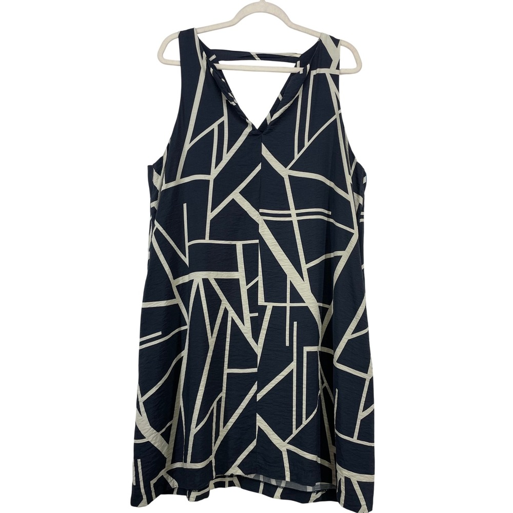 Banana Republic Size XL Shift‎ Dress Navy Blue Geometric Abstract V-Neck Pockets